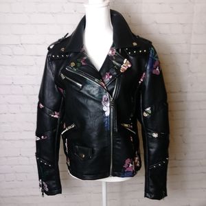 NWOT Flirty Faux Leather Black & Floral Accent Biker Jacket by Pink Key (XL)